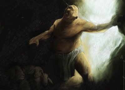 Odyssee von Homer: Der Zyklop Polyphem wird von Odysseus in seiner Höhle geblendet. Illustration von Alessandro Lonati, 2010 von Alessandro Lonati