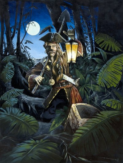 Pirat der Karibik mit Laterne, in der Nacht, versteckt seinen Schatz im Wald einer Insel. Farbzeichnung von Alessandro Lonati. von Alessandro Lonati