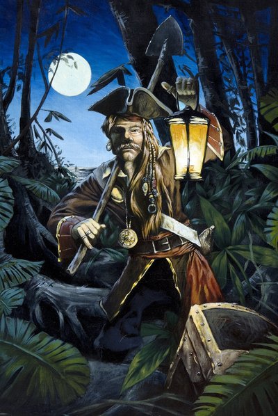 Pirat der Karibik mit Laterne, versteckt seinen Schatz im Wald einer Insel von Alessandro Lonati