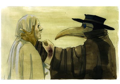 Pestarzt mit schnabelartiger Maske, die mit aromatischen Gegenständen gefüllt war, vor einem Opfer von Alessandro Lonati