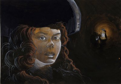 Porträt einer Piratenfrau (Freibeuterin) oder Matrosin in der Nacht, beleuchtet von der Laterne eines anderen Piraten von Alessandro Lonati