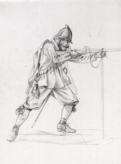 Porträt eines Schiffssoldaten des 17. Jahrhunderts in Schussposition. Zeichnung von Alessandro Lonati. von Alessandro Lonati