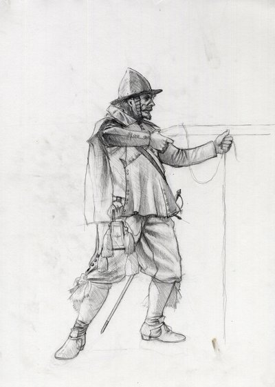 Porträt eines Marinesoldaten des 17. Jahrhunderts in Schussposition Zeichnung von Alessandro Lonati von Alessandro Lonati