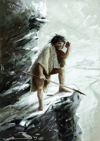Prähistorie: ein Neandertaler unter dem Schnee, auf einem Felsen sitzend und den Horizont betrachtend von Alessandro Lonati