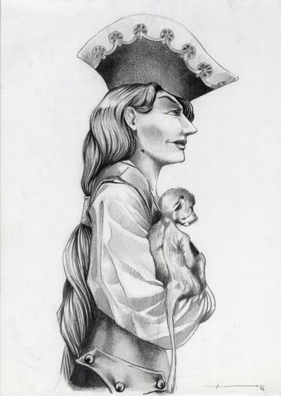 Profilporträt einer Piratenfrau aus der Karibik mit kleinem Affen in den Armen von Alessandro Lonati