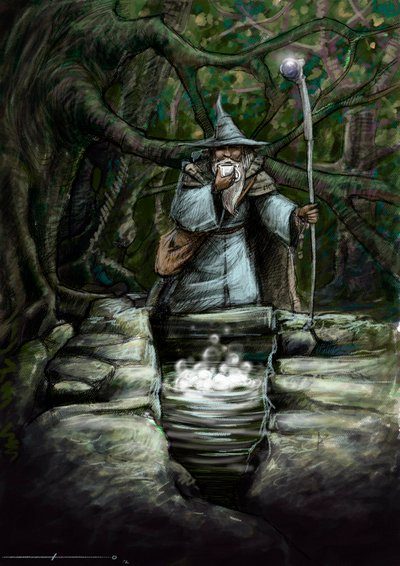 Darstellung eines Druiden, der an der wunderbaren Quelle von Barenton im Wald von Broceliande trinkt von Alessandro Lonati