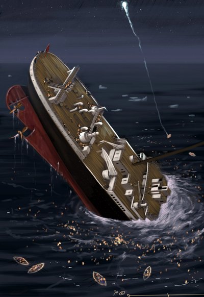 Ansicht des transatlantischen Liners Titanic zum Zeitpunkt des Untergangs am 14. und 15. April 1912. Illustration von Alessandro Lonati, 2010 von Alessandro Lonati