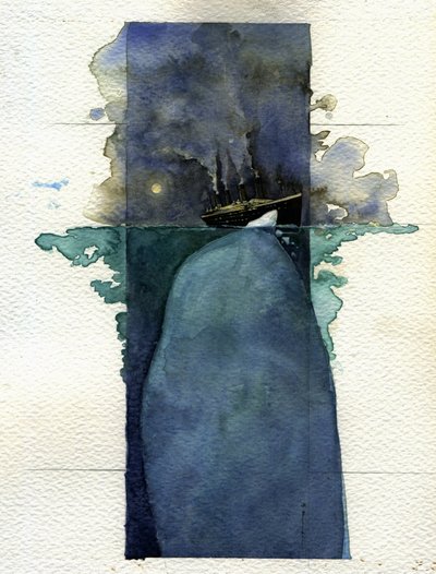 Ansicht des transatlantischen Liners Titanic zum Zeitpunkt des Untergangs am 14. und 15. April 1912, verursacht durch die Kollision mit einem Eisberg. von Alessandro Lonati
