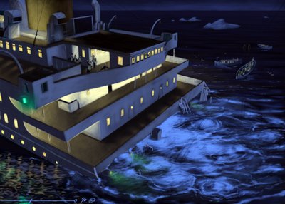 Ansicht des transatlantischen Liners Titanic zum Zeitpunkt des Untergangs am 14. und 15. April 1912. Illustration von Alessandro Lonati, 2010 von Alessandro Lonati
