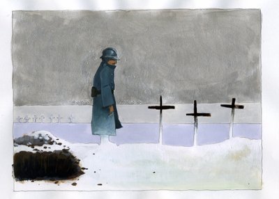 Erster Weltkrieg: ein französischer Soldat in einem Kriegsgrab, der auf die Kreuze schaut von Alessandro Lonati