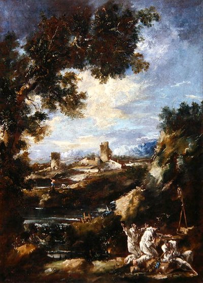 Landschaft mit betenden Karmelitenmönchen an einem Wegesrand-Schrein, ca. 1720 von Alessandro Magnasco