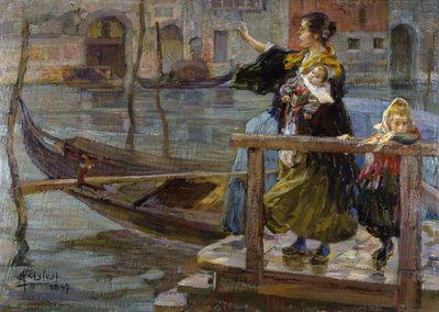 Mutter mit zwei Kindern oder Warten auf die Gondel von Alessandro Milesi