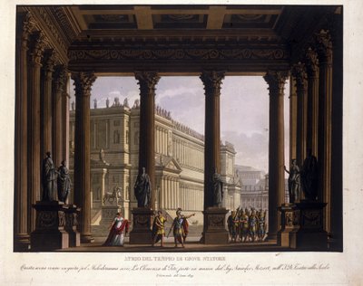 Szenografie von Alessandro Sanquirico (1777-1849) für „Die Gnade des Titus“ von Wolfgang Amadeus Mozart (1756-1791) aufgeführt an der Scala in Mailand 1819 und stellt das Atrium des Tempels des Jupiter Stator dar: Sextus wird gestoppt; um Viterli zu bewahr von Alessandro Sanquirico