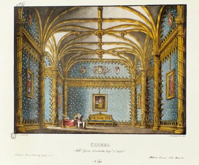 Das Schlafzimmer des Königspalastes Bühnenbild für die Aufführung der Oper „Elisabetta, Regina d