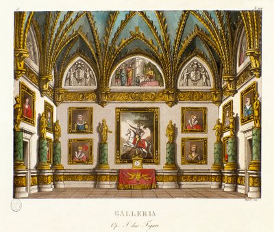 Ansicht der Galerie dekoriert mit Gemälden, Szenografie für die Oper „I due figaro“ von Giuseppe Saverio Raffaele Mercadante, nach dem Stück „The two figaros or the Subject of comedie“ von Honore Francois Richaud von Alessandro Sanquirico