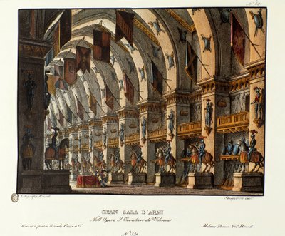 Ansicht des großen Waffensaals. Szenografie für die Aufführung der Oper „I cavalieri di Valenza“ von Giovanni Pacini und Gaetano Rossi (1828). Lithografie in „Raccolta di invenzioni sceniche del 1830 di Alessandro Sanquirico“ von Alessandro Sanquirico