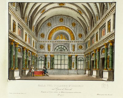 Ansicht des Palastes des Königs von Syrakus, Argirio. Szenografie für die Aufführung der Oper „Tancredi“ von Gioacchino Rossini (1813) nach Voltaires Stück „Tancrede“. Lithografie in „Raccolta di invenzioni sceniche del 1830 di Alessandro Sanquirico“ von Alessandro Sanquirico