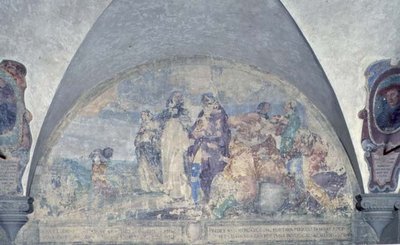 St. Antoninus predigt einem Kaufmann, den er vor einem schrecklichen Sturm gerettet hat, Lünette von Alessandro Tiarini