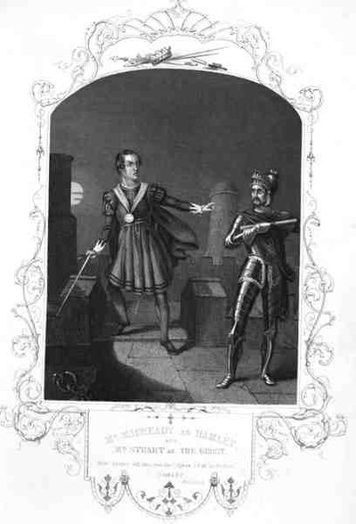 Mr Macready als Hamlet und Mr Stuart als Der Geist, Akt I Szene 5, in Hamlet von William Shakespeare, gestochen von George Hollis von Alexander (after) Reid
