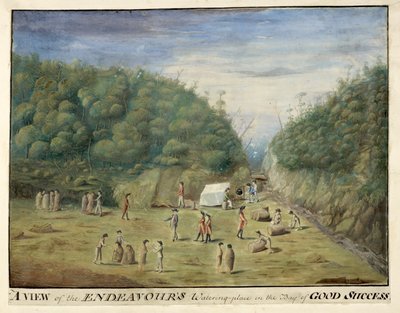Ansicht des Wasserplatzes der Endeavour in der Bucht des Guten Erfolgs, Feuerland, mit Einheimischen, Januar 1769 von Alexander Buchan