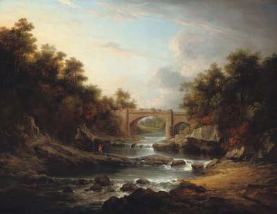 Blick auf den Fluss Almond, in der Nähe von Edinburgh, mit Almondell-Brücke und einem Fischer von Alexander Nasmyth