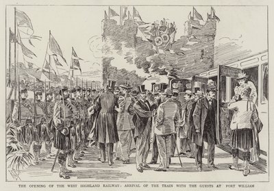 Die Eröffnung der West Highland Railway, Ankunft des Zuges mit den Gästen in Fort William von Alexander Stuart Boyd