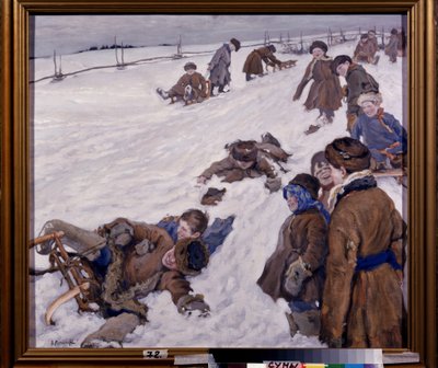 Wintersport. Szene des Rodelns auf einem verschneiten Feld, Kinder in warmer Kleidung haben Spaß und lachen. Gemälde von Alexander Wiktorowitsch Morawow (1878-1951) von Alexander Viktorovich Moravov