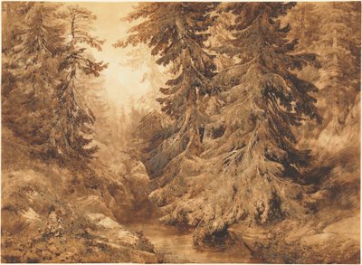 Ein alter Kiefernwald mit einem Gebirgsbach von Alexandre Calame
