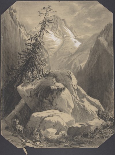 Drei Ziegen in einer Gebirgslandschaft von Alexandre Calame