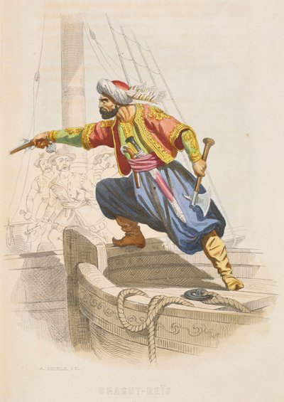 Dragut Reis, der berühmte Barbaresken-Korsar, bereitet sich darauf vor, ein feindliches Schiff zu entern, Mitte des 19. Jahrhunderts von Alexandre Debelle