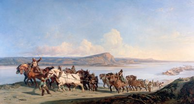 Anspannung von Pferden, die Boote die Rhone hinunterziehen, ca. 1825-1870 von Alexandre Dubuisson