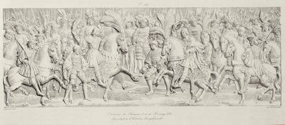 Treffen von Franz I. und Heinrich VIII. auf dem Feld des Goldenen Tuchs, nach dem geschnitzten Steinrelief im Hotel de Bourgtheroulde, Rouen, Normandie, 1501-37, graviert von Godefroy Engelmann von Alexandre Evariste Fragonard