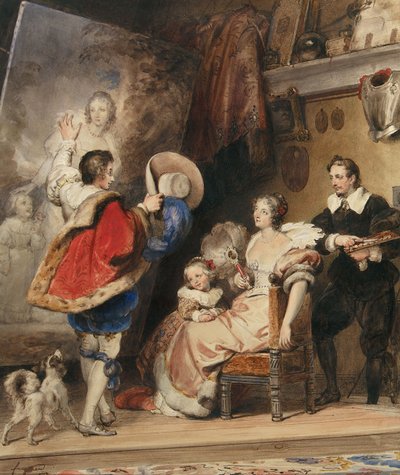 Junger Mann bewundert ein Porträt einer Dame und ihrer kleinen Tochter von Alexandre Evariste Fragonard