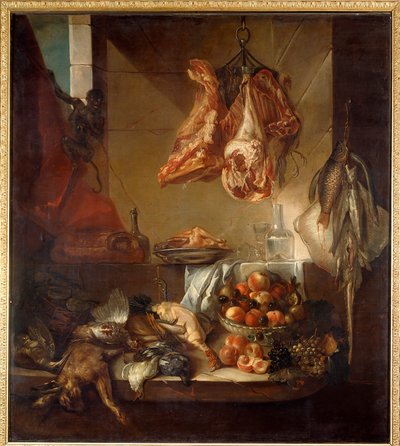 Küchenstillleben mit Wild, Obst und Fleisch. Gemälde von François Desportes (1661-1743), 18. Jahrhundert. Châlons-sur-Marne, Musée des Beaux-Arts von Alexandre Francois Desportes