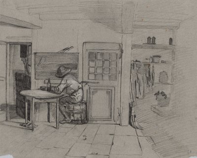 Ein Bauernhausinterieur mit einem Jungen am Tisch von Alexandre Gabriel Decamps