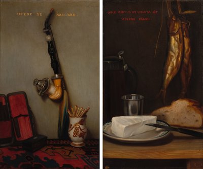 Stillleben mit Pfeife und Streichhölzern und Stillleben mit Hering, Brot und Käse (Paar) von Alexandre Gabriel Decamps
