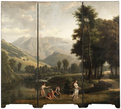 Eine arkadische Landschaft mit Mädchen, die Blumen am Flussufer sammeln, eine Burg auf dem Hügel dahinter, 1801 von Alexandre Hyacinthe Dunouy