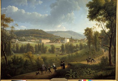 Ansicht des Dorfes Jouy en Josas (Jouy-En-Josas) mit der 1785 von Oberkampf (1738 - 1815) gegründeten Fabrik. Gemälde von Alexandre Dunouy (1757-1841) von Alexandre Hyacinthe Dunouy