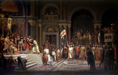 Gottfried von Bouillon wird von Alexios Komnenos, Kaiser von Konstantinopel, im Jahr 1097 empfangen, während der Verteidigung der Stadt gegen die Türken während des 1. Kreuzzugs 1096-1099 von Alexandre Jean Baptiste Hesse