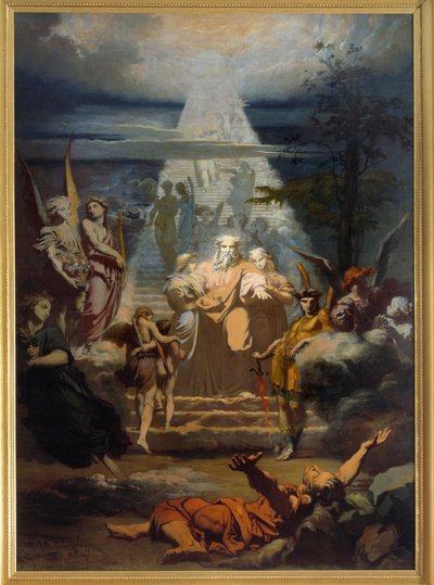 Die Himmelsleiter Jakobs, nachdem er sein Land verlassen hatte, schlief er ein und träumte von einer großen Leiter. Gemälde von Alexandre Laemlein (1813-1871) von Alexandre Laemlein