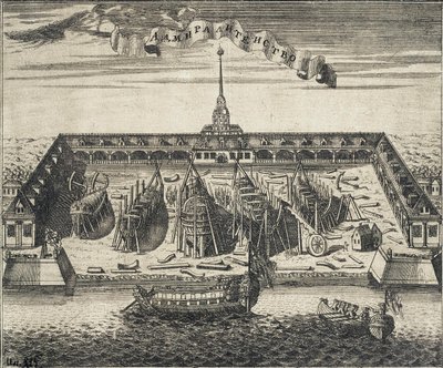 Ansicht der Admiralitätswerft in St. Petersburg, 1717 von Alexei Ivanovich Rostovtsev