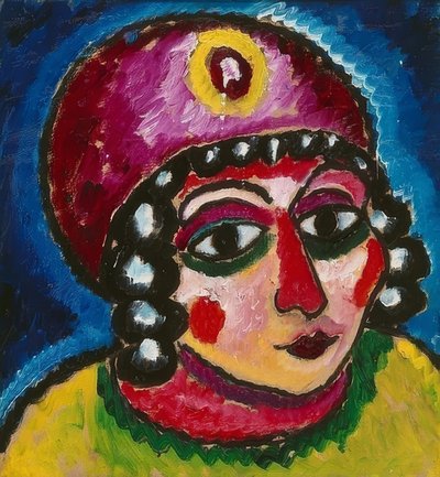 Mädchenkopf mit rotem Turban und gelber Agraffe (Barbarenfürstin) von Alexej von Jawlensky