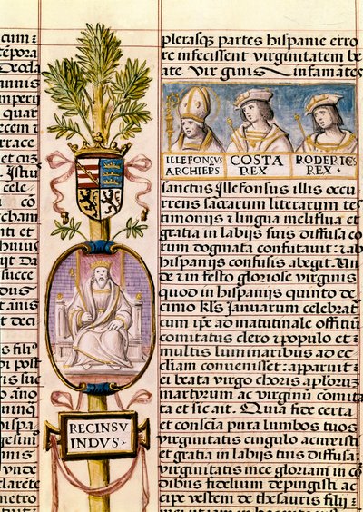 Porträt von Flavius Recceswinth, König der Westgoten von Spanien von 653 bis zu seinem Tod im Jahr 672, Miniatur in "Genealogía de los reyes de España" von Alfonso de Cartagena