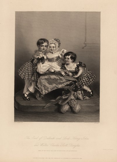 Earl of Dalkeith (William Henry), Henry John und Walter Charles Scott Douglas, Söhne des 5. Duke of Buccleuch, 7. Duke of Queensberry. Zwei Söhne tragen Tartankleider mit Bändern, der jüngste trägt eine Mütze und ein Satinkleid. Stahlstich von H. Cook von Alfred Edward (after) Chalon
