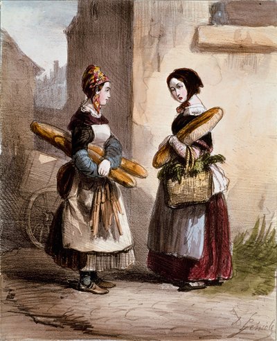 Kleine Berufe: die Bäckerei. Junger wandernder Brothändler. Druck von Alfred Andre Geniole aus Les femmes de Paris 1841-1842 Paris, Musee Carnavalet von Alfred Andre Geniole