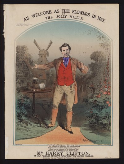 So willkommen wie die Blumen im Mai, oder Der fröhliche Müller, komponiert und gesungen von Harry Clifton, viktorianisches Notenblatt von Alfred Concanen