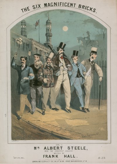 Musikalische Partitur für Die sechs prächtigen Ziegel gesungen von Albert Steele, geschrieben von Frank Hall von Alfred Concanen