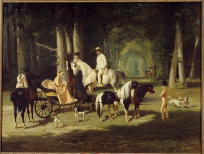 Herr und Frau A. Mosselman und ihre zwei Töchter reiten durch den Wald von Alfred Dedreux