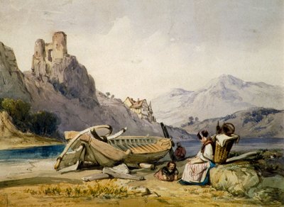 Figuren und ein Boot am Ufer eines Sees, ein Haus und eine Burgruine im Hintergrund, um 1830er Jahre von Alfred Gomersal Vickers