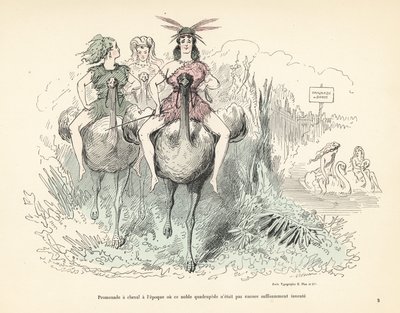 Frauen in Tierfellen und Federn, die Strauße und Schwäne reiten von Alfred Grevin